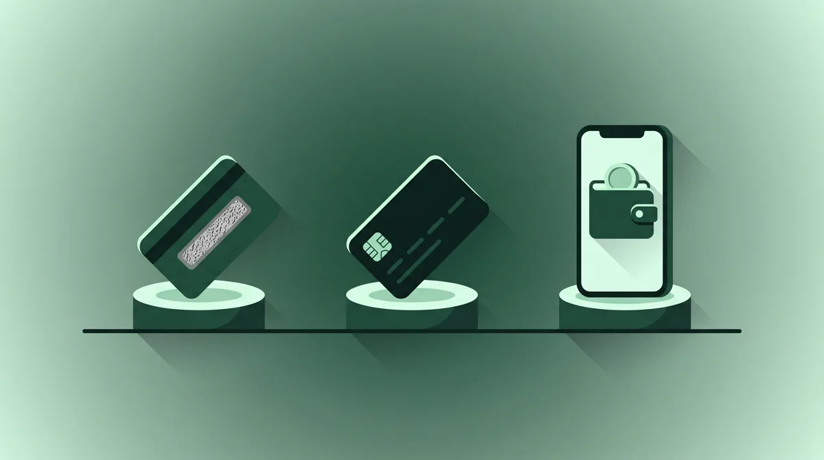 Illustration of three payment options side by side: a prepaid card, a bank card, and a phone wallet