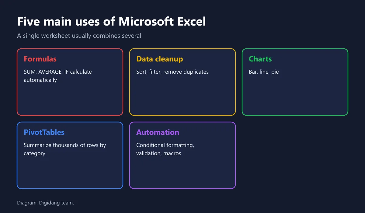 Diagram of five main Excel uses: formulas, data cleanup, charts, PivotTables, automation