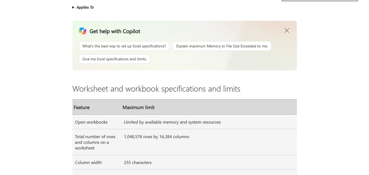Excel worksheet specifications and limits table on Microsoft Support