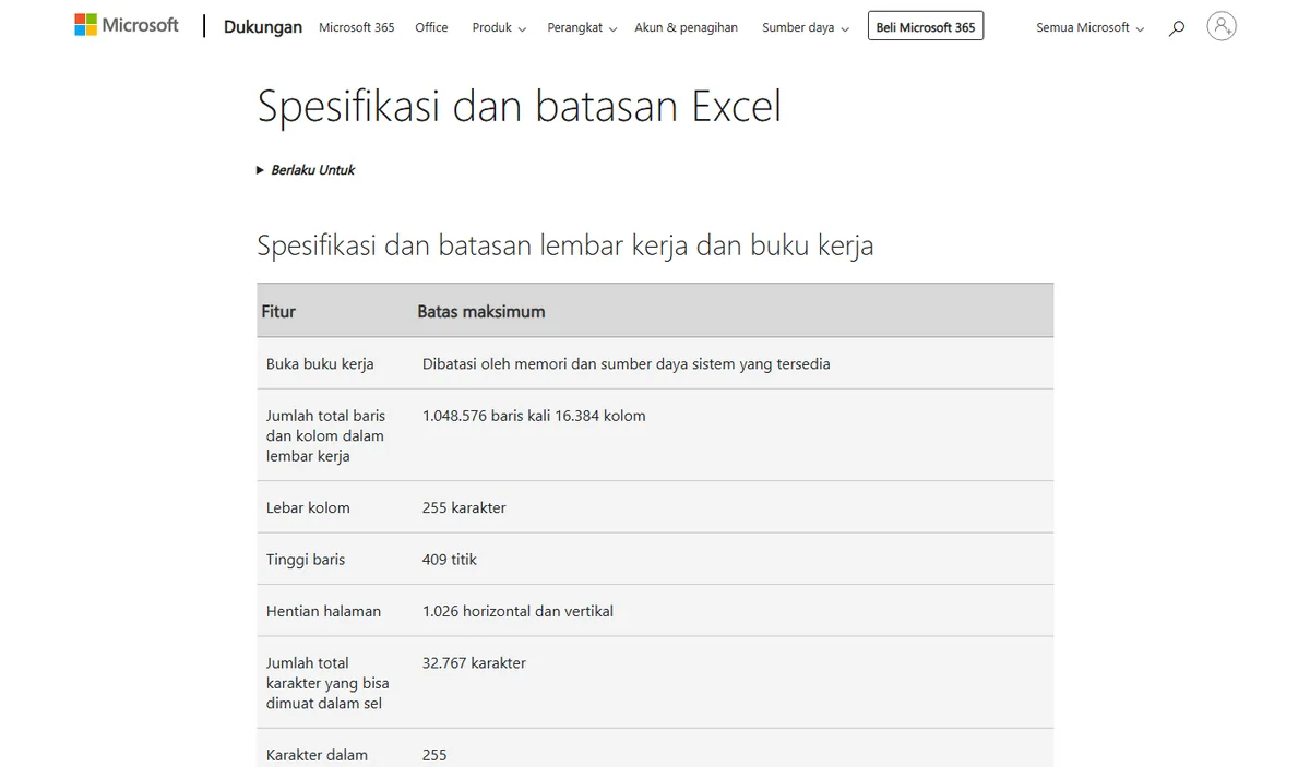 Tabel spesifikasi dan batasan lembar kerja Excel di situs dukungan Microsoft