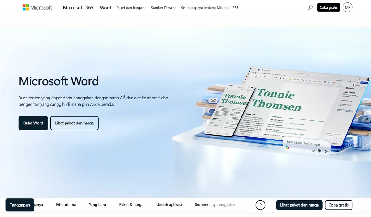 Halaman resmi Microsoft Word di microsoft.com Indonesia