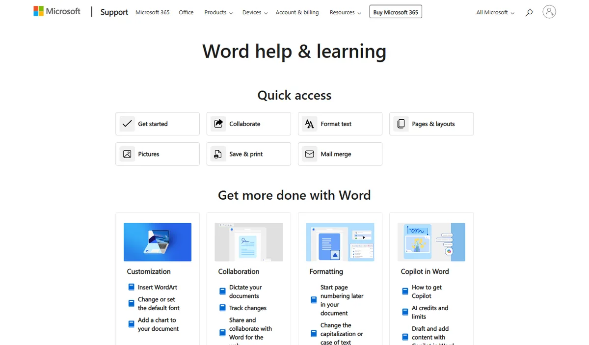 Word help and learning center on Microsoft Support