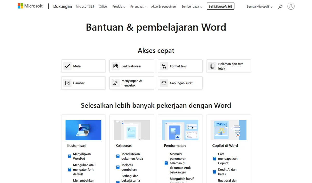 Pusat bantuan dan pembelajaran Word di situs dukungan Microsoft