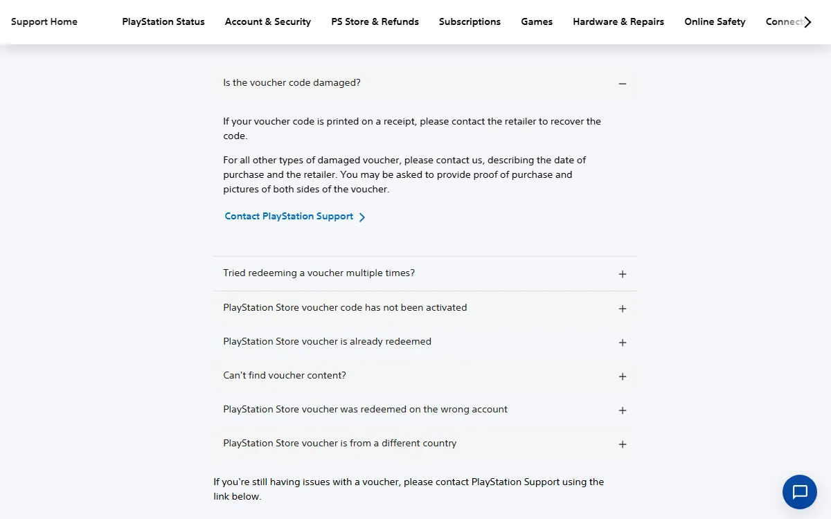 Bagian Is the voucher code damaged di halaman dukungan PlayStation yang menjelaskan langkah untuk voucher rusak