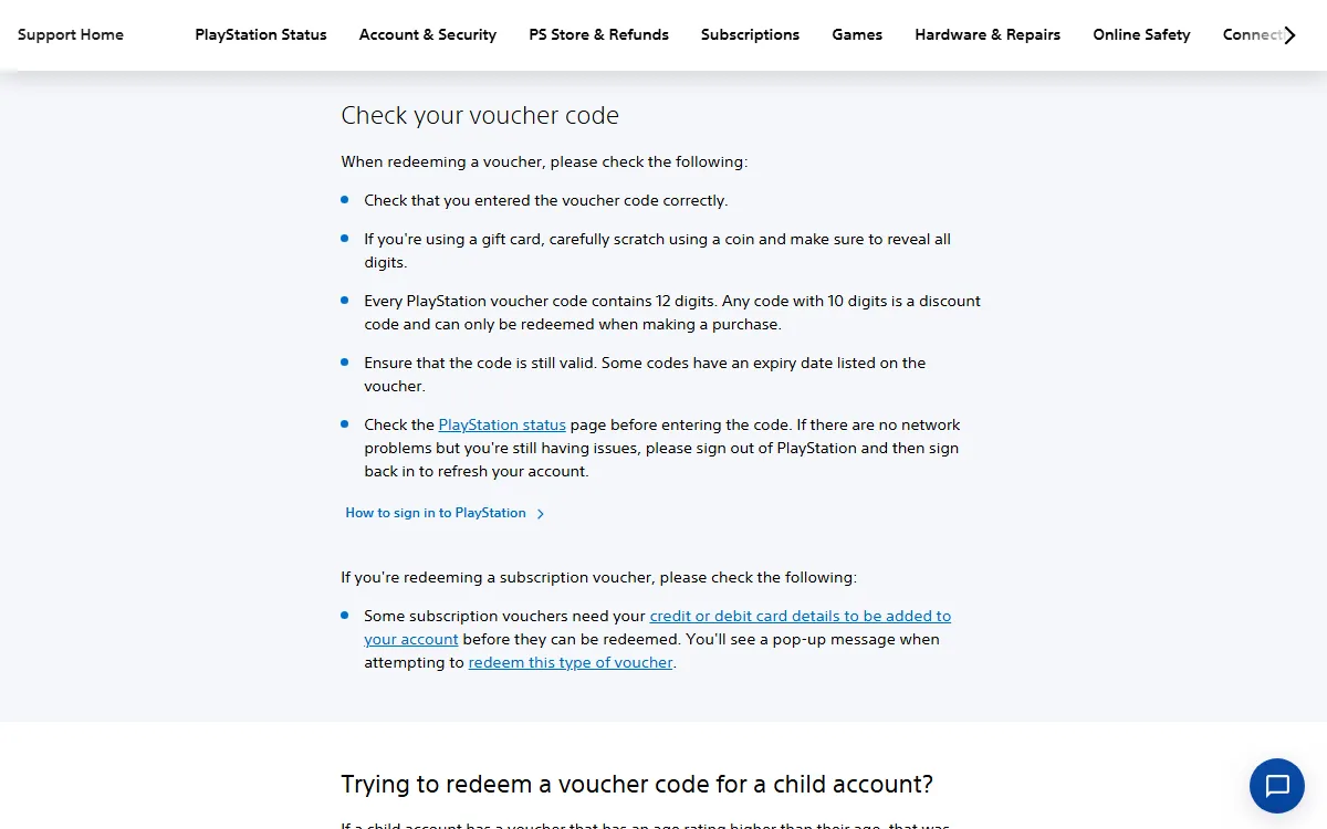 The Check your voucher code checklist on the PlayStation support page, including the advice to scratch gift cards with a coin