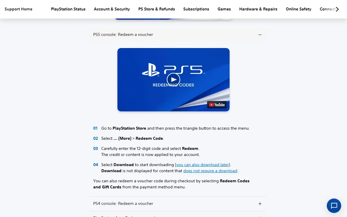 Langkah redeem voucher di konsol PS5 pada halaman dukungan PlayStation