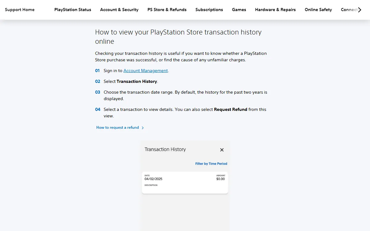 Steps to view PlayStation Store transaction history online on the PlayStation support page