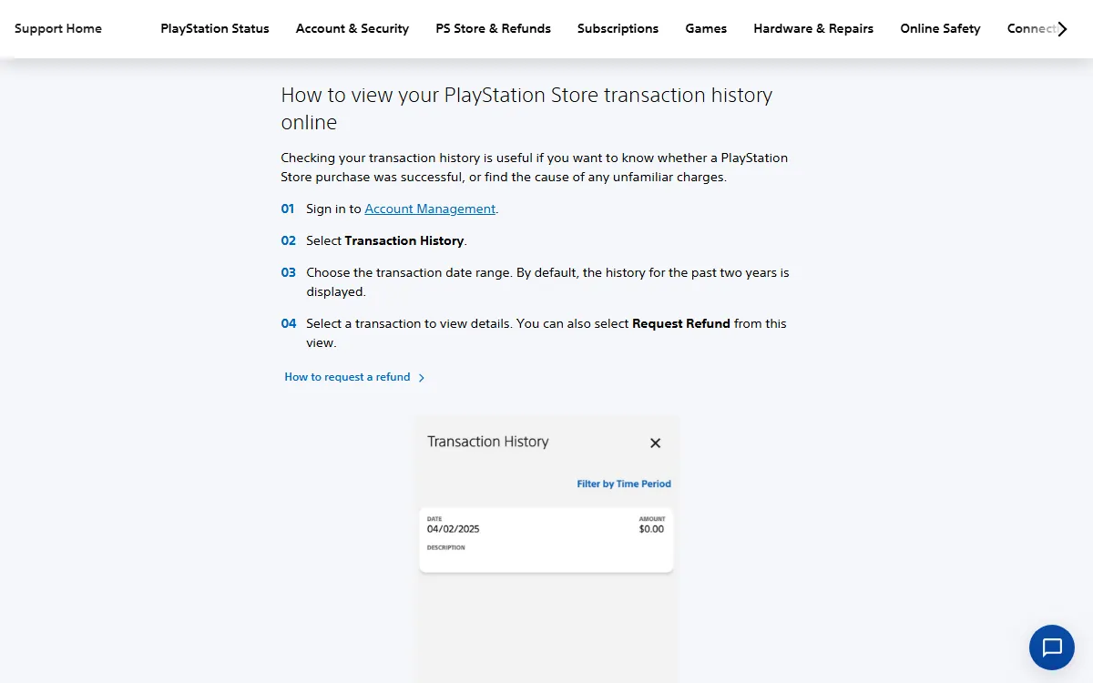 Langkah melihat riwayat transaksi PlayStation Store secara online di halaman dukungan PlayStation