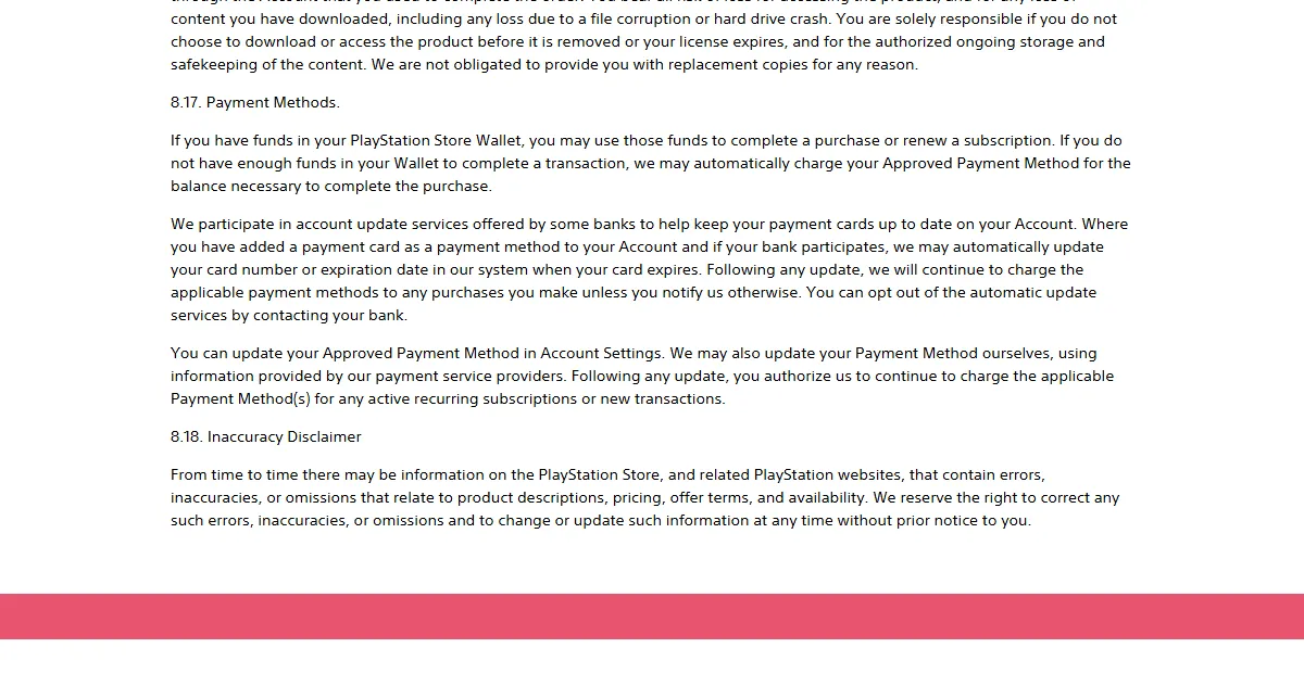 Section 8.17 Payment Methods of the US PlayStation Terms of Service stating wallet funds may complete a purchase or renew a subscription