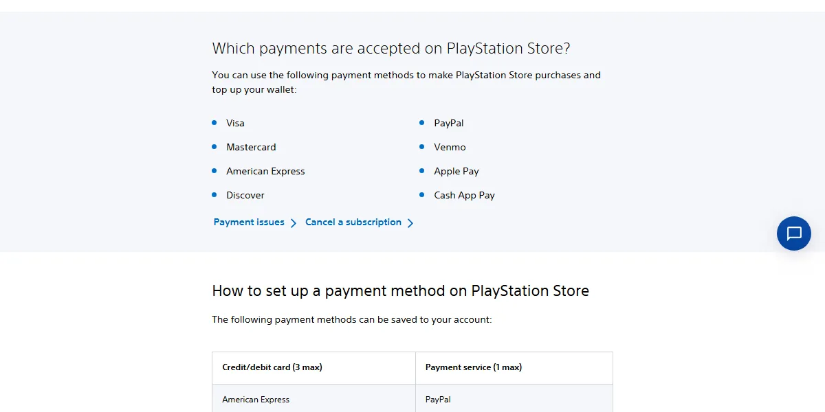 PlayStation Store accepted payment methods page for the United States listing Visa, Mastercard, American Express, Discover, PayPal, Venmo, Apple Pay, and Cash App Pay