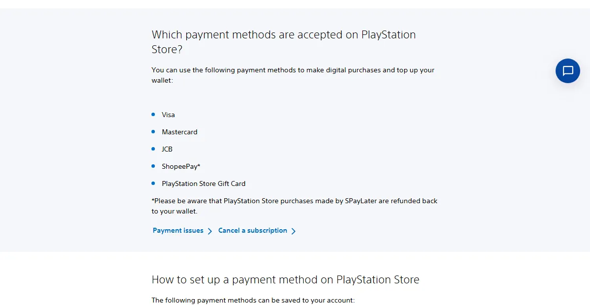 Halaman metode pembayaran PlayStation Store Indonesia yang mencantumkan Visa, Mastercard, JCB, ShopeePay, dan PlayStation Store Gift Card