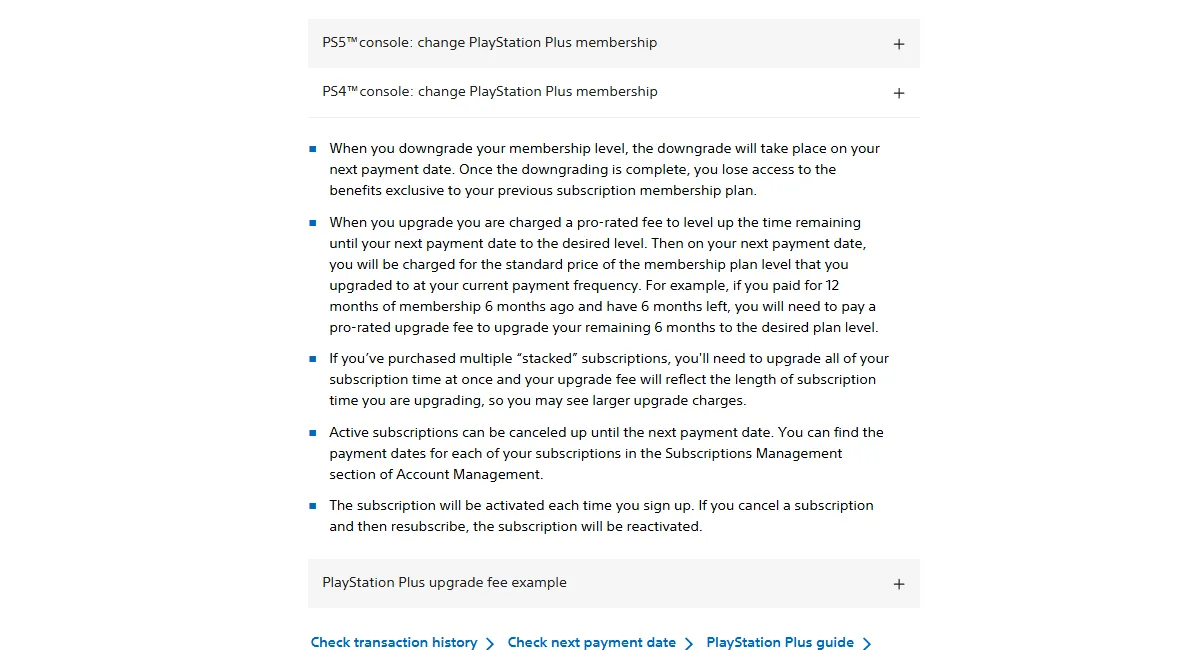 PlayStation support section on downgrades taking effect on the next payment date, pro-rated upgrade fees, stacked subscriptions, and cancellation