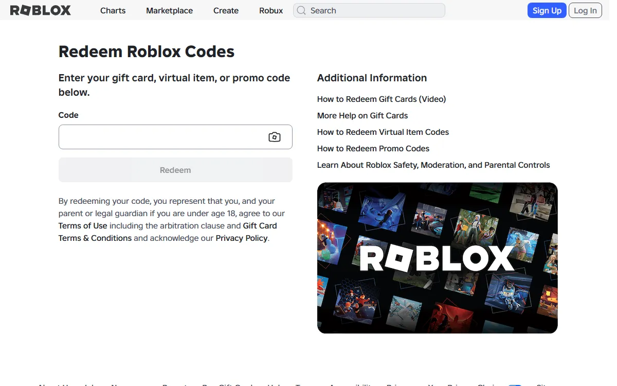 The official Redeem Roblox Codes page with the Code field, the Redeem button, and help links for gift cards, virtual item codes, and promo codes
