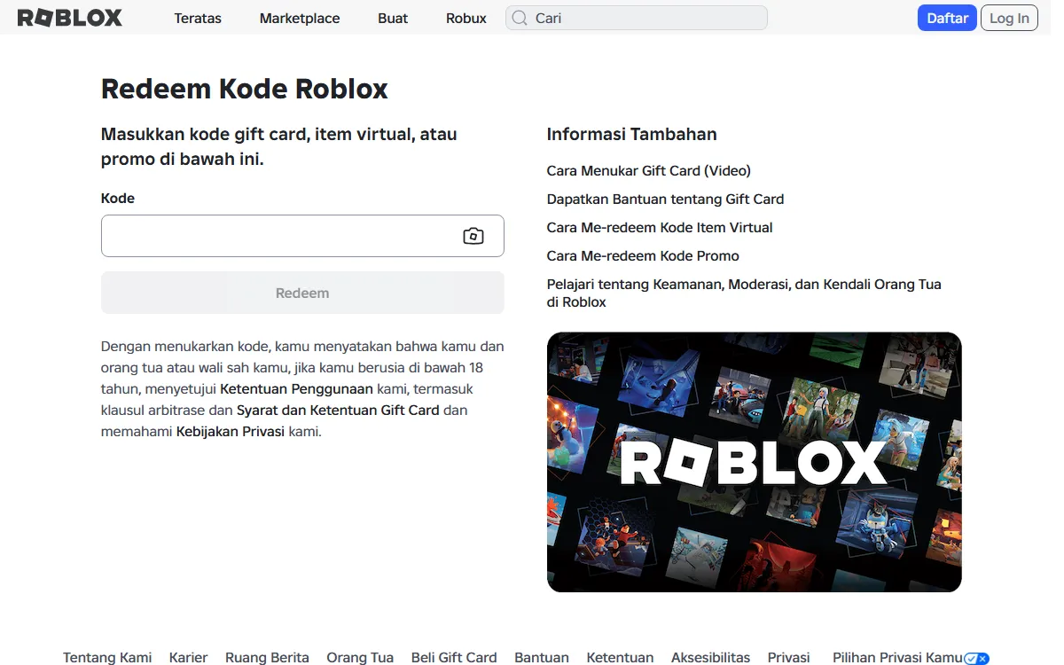 Halaman Redeem Kode Roblox berbahasa Indonesia dengan kotak Kode, tombol Redeem, dan tautan bantuan untuk gift card, kode item virtual, serta kode promo