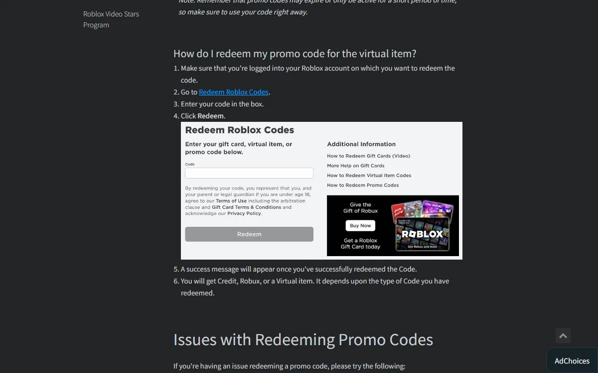Roblox Support article How Do I Redeem a Promo Code showing the redeem steps for a virtual item and the note that you will get Credit, Robux, or a virtual item depending on the code type