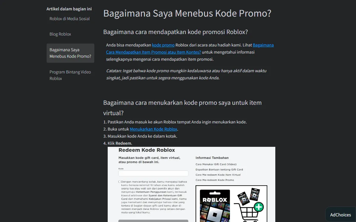 Halaman Dukungan Roblox berbahasa Indonesia berjudul Bagaimana Saya Menebus Kode Promo, berisi cara mendapatkan kode promo dari acara atau hadiah serta empat langkah menukarkan kode untuk item virtual