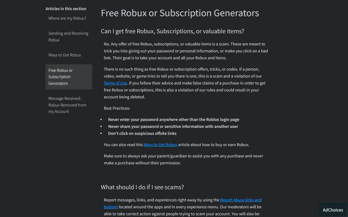 Roblox Support article Free Robux or Subscription Generators answering no to free Robux and listing best practices such as never entering your password anywhere other than the Roblox login page