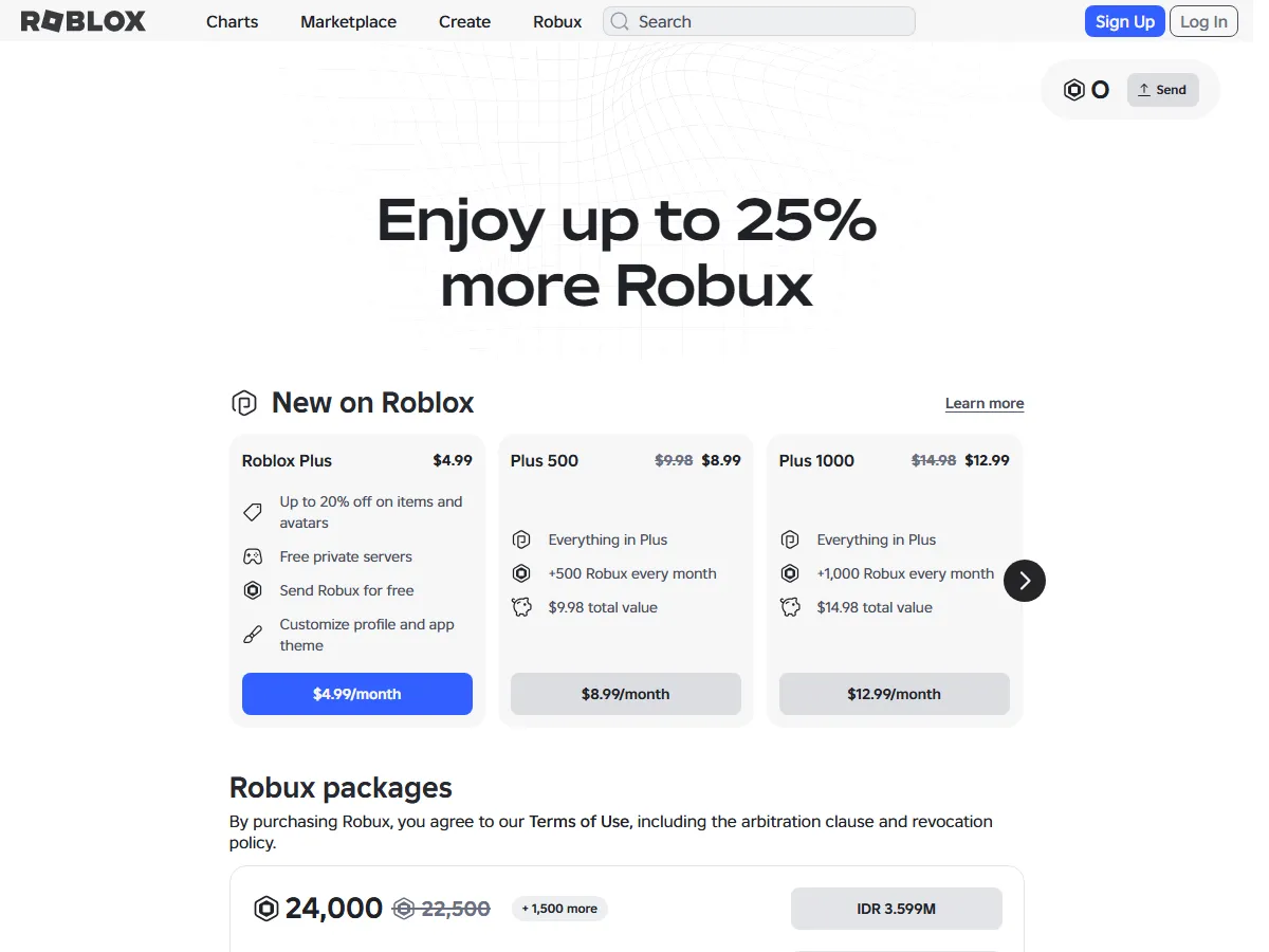 The official Roblox Robux page with the headline Enjoy up to 25% more Robux, cards for Roblox Plus, Plus 500, and Plus 1000, and the start of the Robux packages list