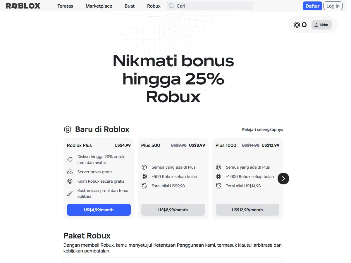 Halaman Robux resmi di roblox.com berbahasa Indonesia dengan judul Nikmati bonus hingga 25% Robux, kartu langganan Roblox Plus, Plus 500, dan Plus 1000, serta awal bagian Paket Robux