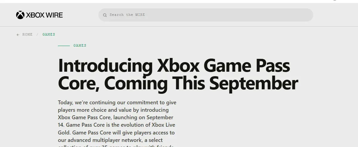 Xbox Wire article titled Introducing Xbox Game Pass Core, Coming This September, with an opening paragraph calling Game Pass Core the evolution of Xbox Live Gold launching September 14
