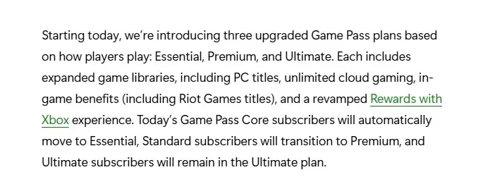 Paragraph from the October 2025 Xbox Wire post introducing Essential, Premium, and Ultimate plans and stating Core subscribers move to Essential automatically
