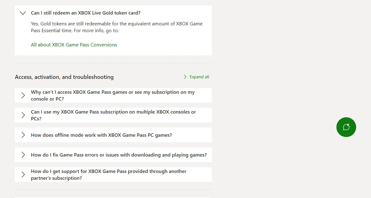 Xbox Support FAQ answer to Can I still redeem an Xbox Live Gold token card, stating Gold tokens are still redeemable for the equivalent amount of Xbox Game Pass Essential time