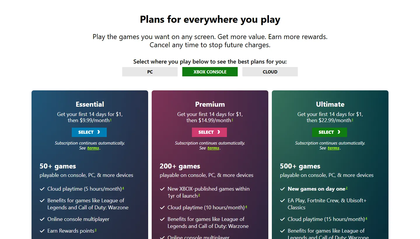 Xbox Game Pass console plan cards on xbox.com: Essential $9.99 per month, Premium $14.99 per month, and Ultimate $22.99 per month