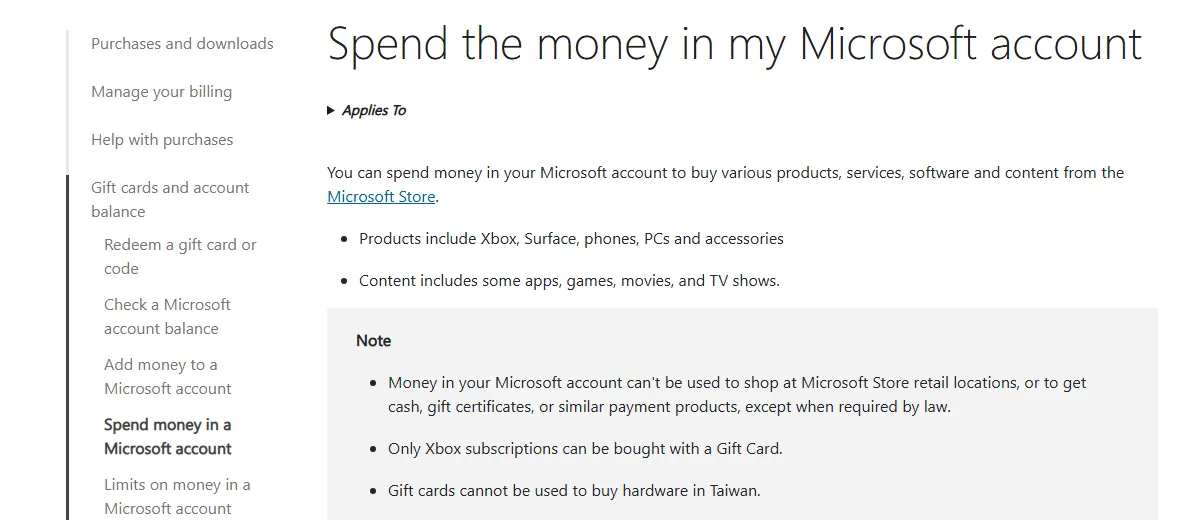 Microsoft Support page Spend the money in my Microsoft account with a note that only Xbox subscriptions can be bought with a Gift Card