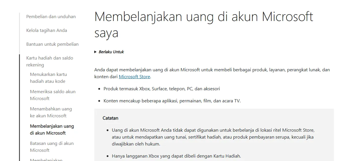 Halaman Dukungan Microsoft Membelanjakan uang di akun Microsoft saya, dengan catatan Hanya langganan Xbox yang dapat dibeli dengan Kartu Hadiah