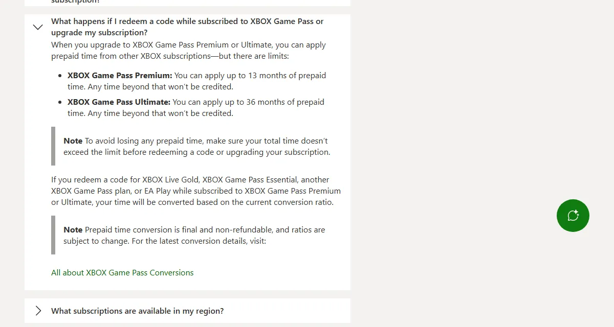 Xbox Support FAQ answer on redeeming a code while subscribed to Game Pass: Premium up to 13 months of prepaid time, Ultimate up to 36 months, and Xbox Live Gold codes converted by the current ratio